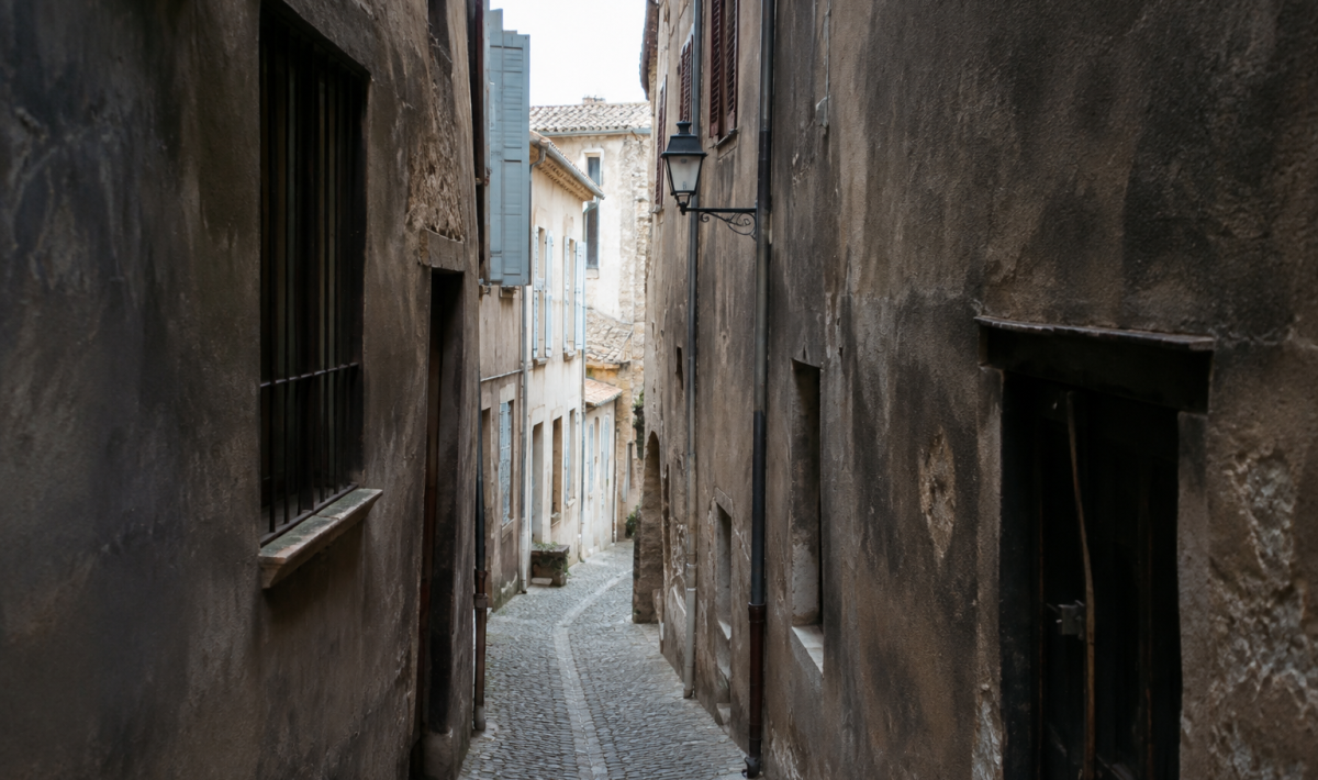 Immeubles anciens surplombent ruelle etroite aux murs fonces