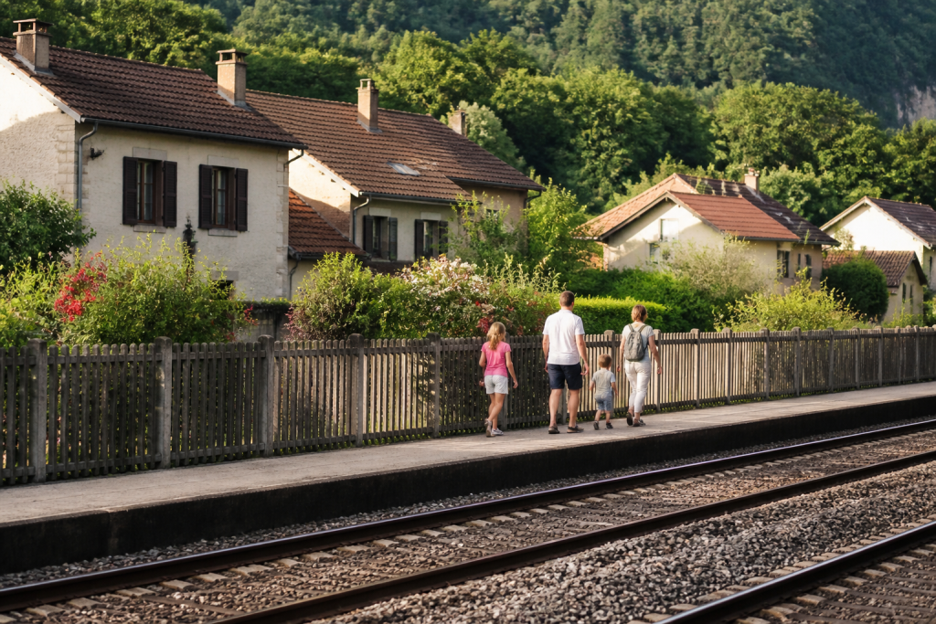 Maisons residentielles, forets vertes, gare ferroviaire, familles