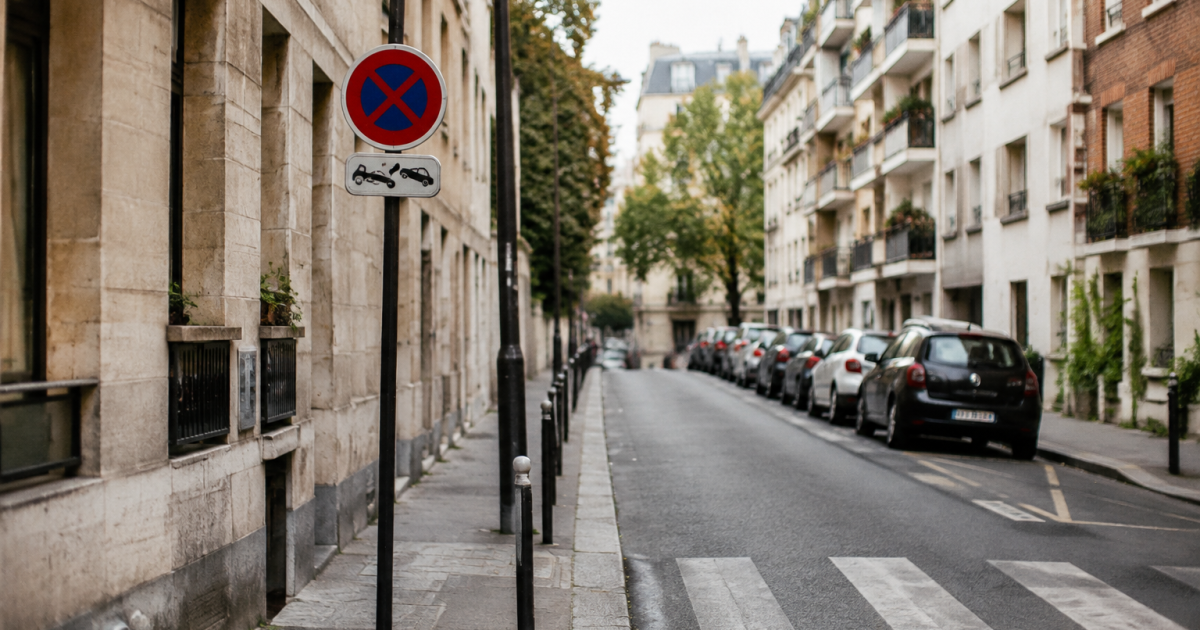 Rue urbaine avec immeubles résidentiels et panneaux de signalisation routière
