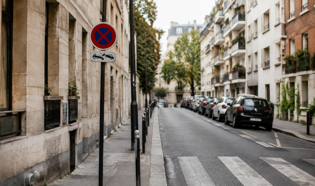 Rue urbaine avec immeubles résidentiels et panneaux de signalisation routière