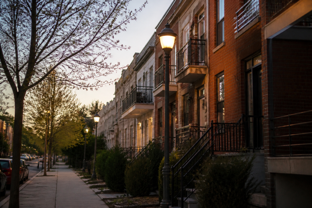 Rue résidentielle avec immeubles et lampadaire en fin d'après-midi
