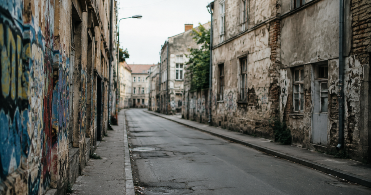 Rue urbaine déserte avec immeubles délabres et murs tagges