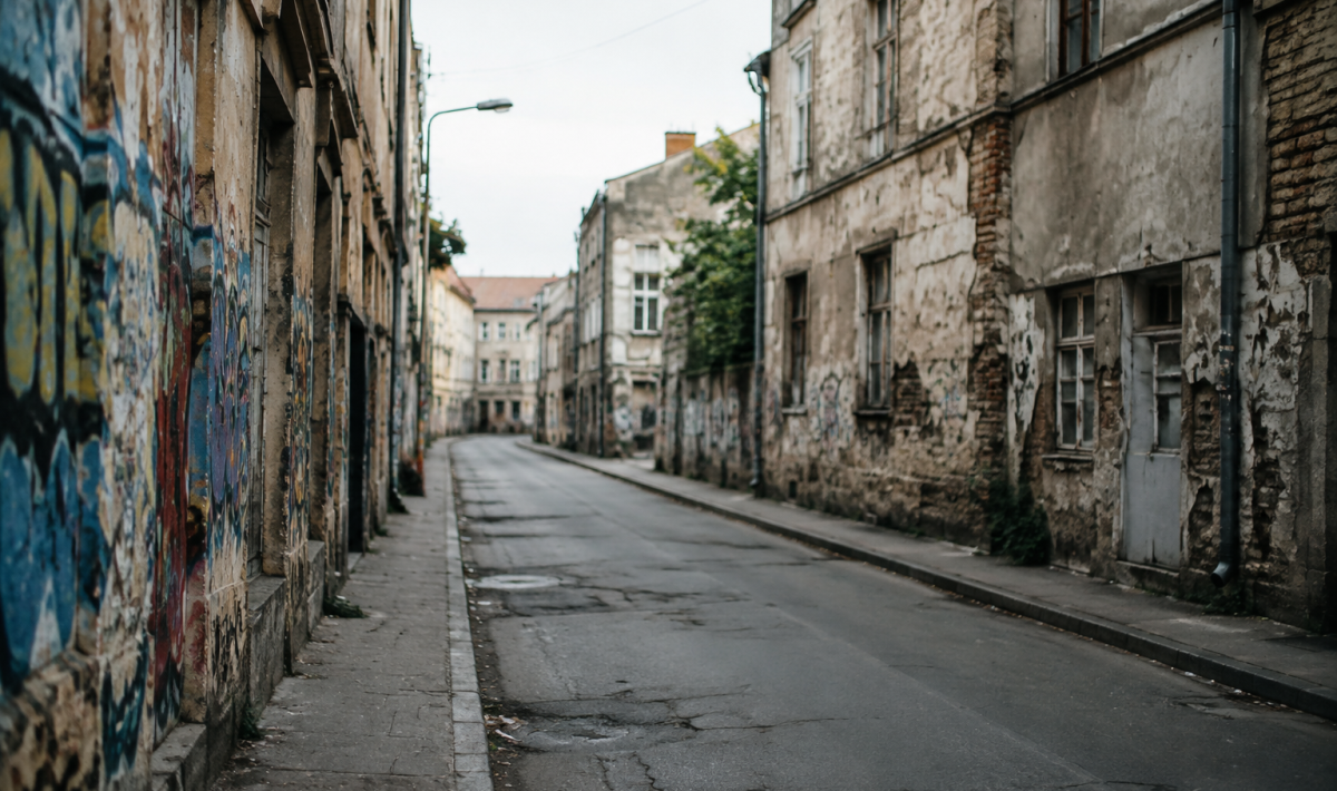 Rue urbaine déserte avec immeubles délabres et murs tagges