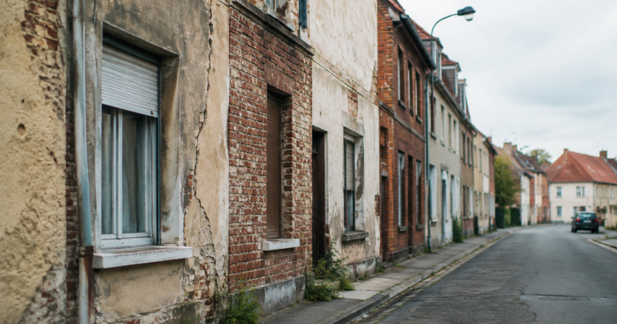 Rue degradee avec immeubles delabres et facades fissurees Hazebrouck