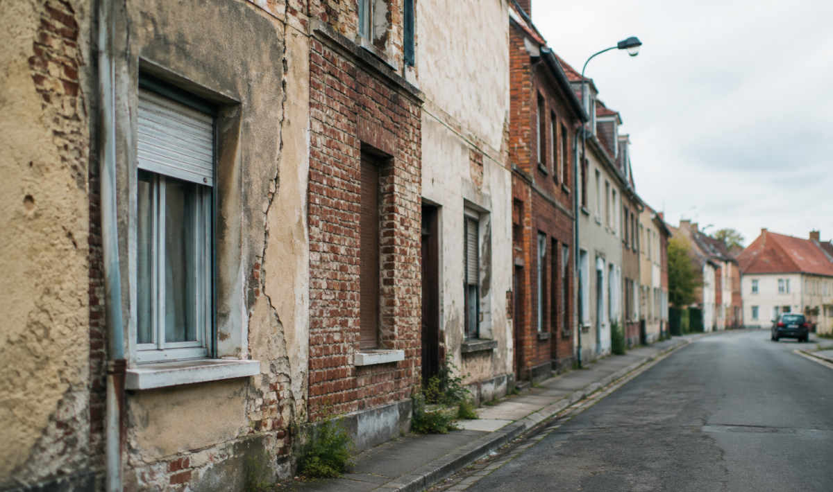 Rue degradee avec immeubles delabres et facades fissurees Hazebrouck