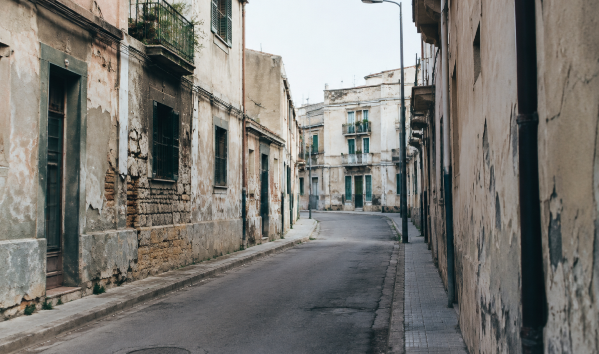 Rues desertes de quartier urbain avec batiments deteriores