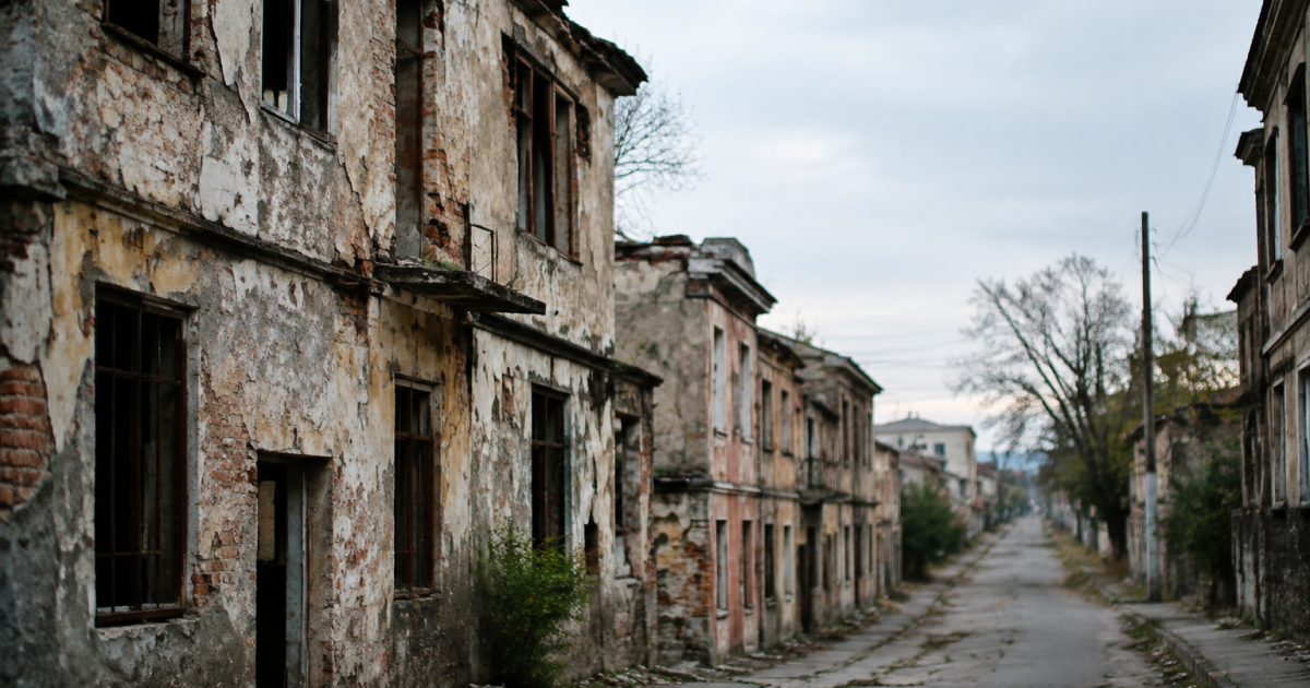 Batiments delabres et rues desertes dans quartier urbain deteriore