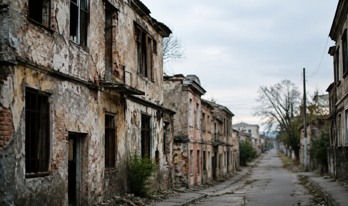 Batiments delabres et rues desertes dans quartier urbain deteriore