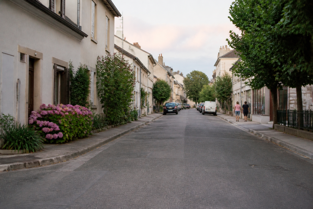 Rues residentielles calmes avec commerces et equipements publics visibles