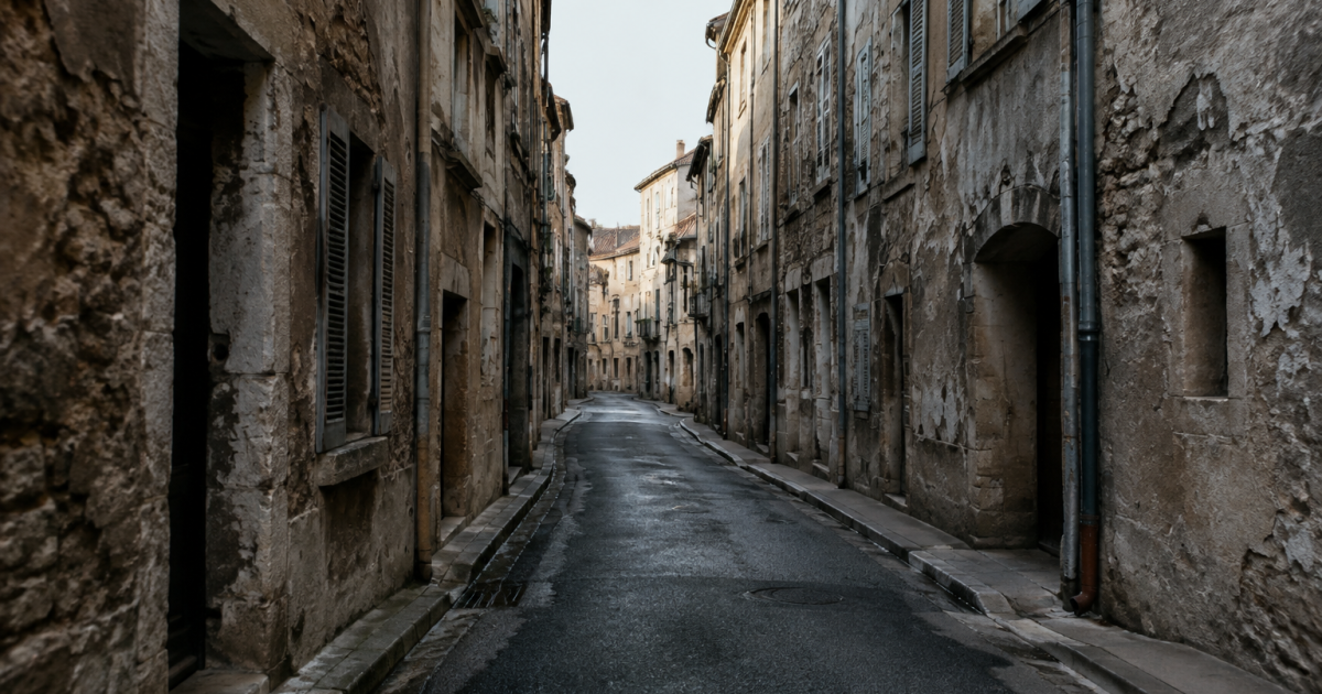 Rue deserte sombre avec immeubles anciens delabres