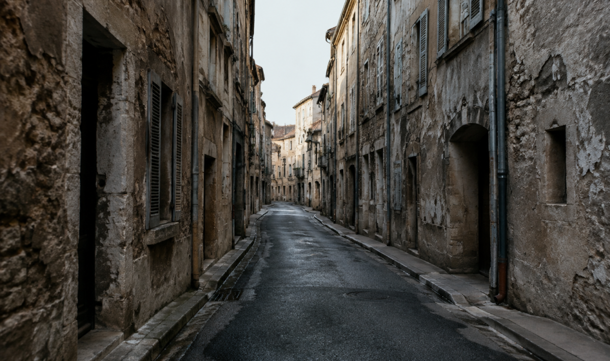 Rue deserte sombre avec immeubles anciens delabres