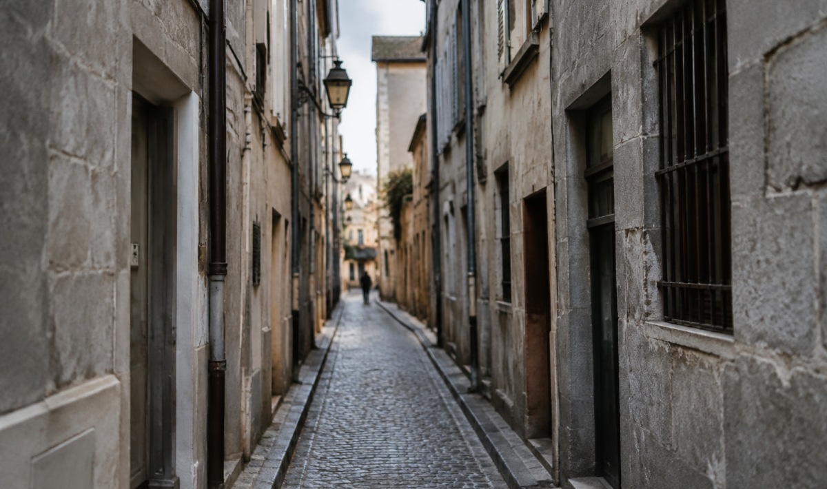 Rue etroite avec batiments anciens aux facades grises