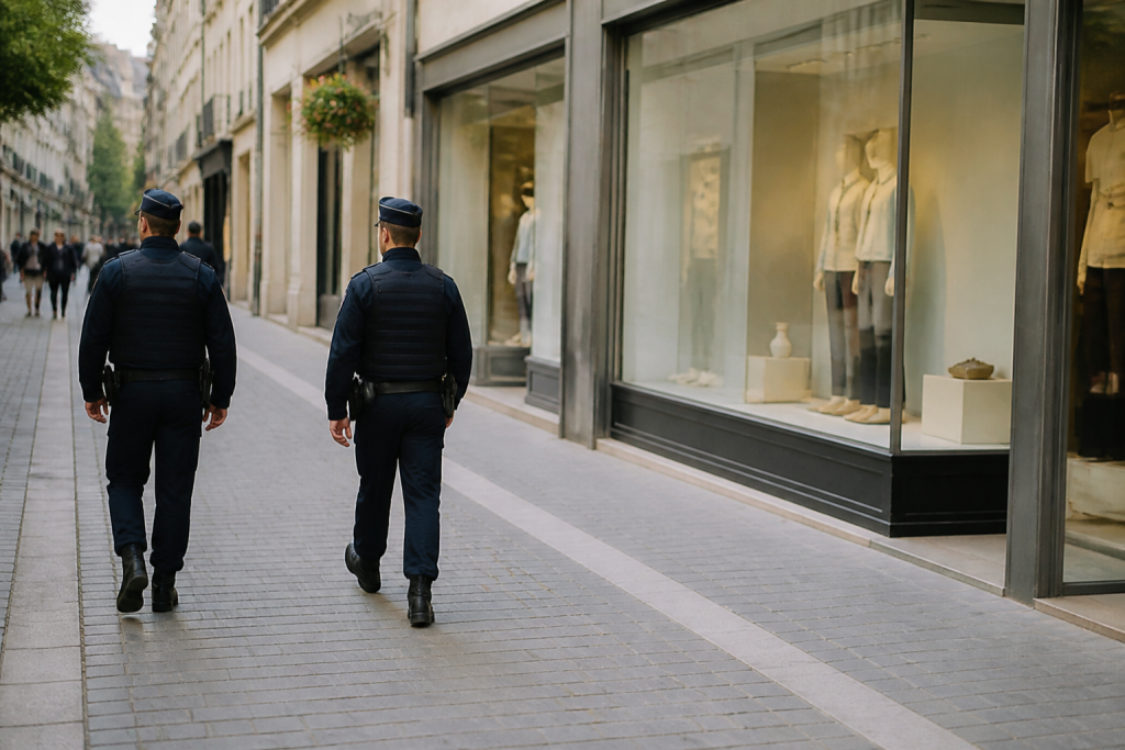 Policiers patrouillant rue calme avec vitrines intactes