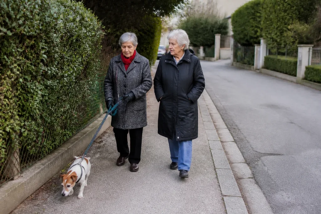 Femmes agees promenant un chien dans une rue residentielle