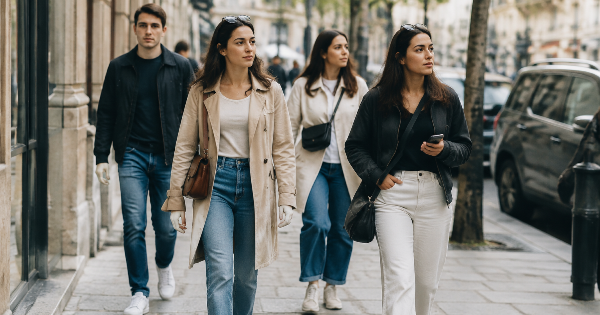 Groupe de passants marchant sur un trottoir pave