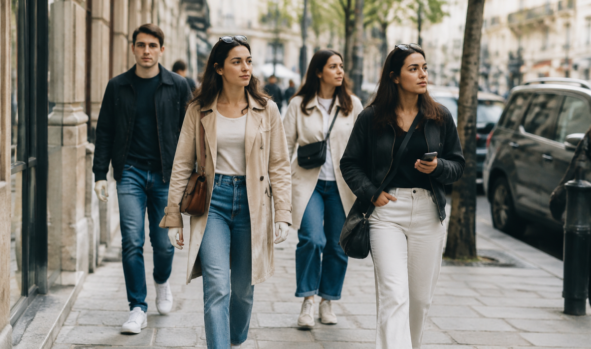 Groupe de passants marchant sur un trottoir pave