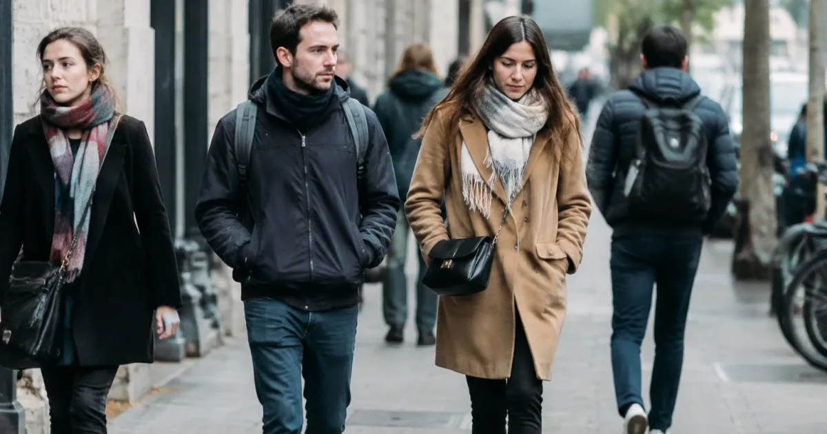 Groupe de passants marchant sur un trottoir urbain