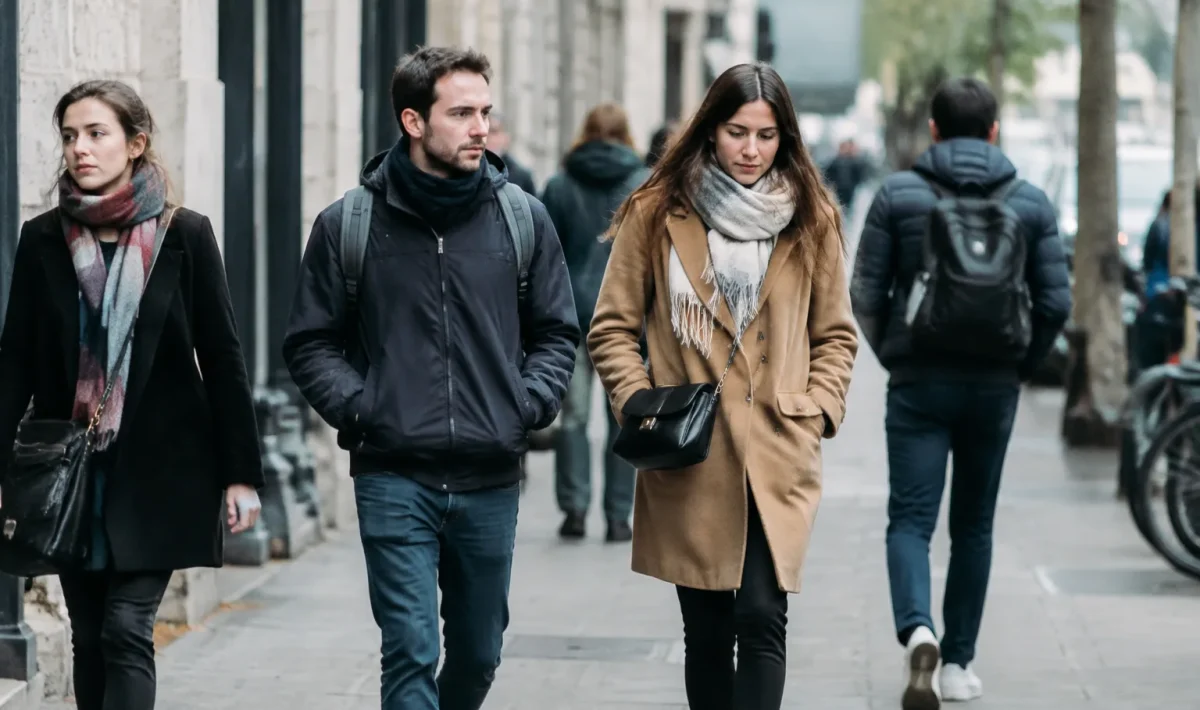 Groupe de passants marchant sur un trottoir urbain