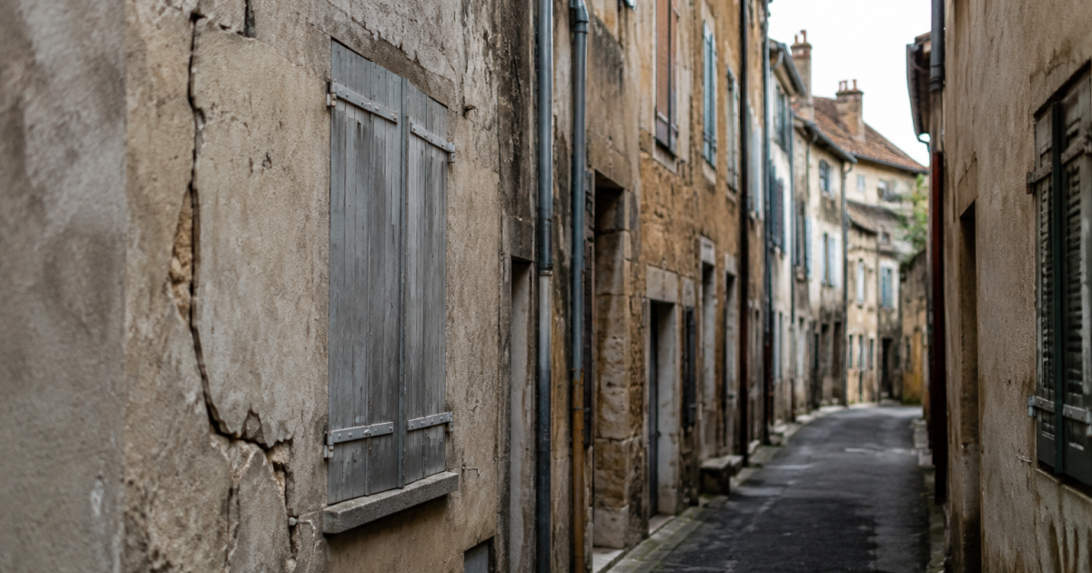 Immeubles vetustes rue etroite facades fissures volets fermes