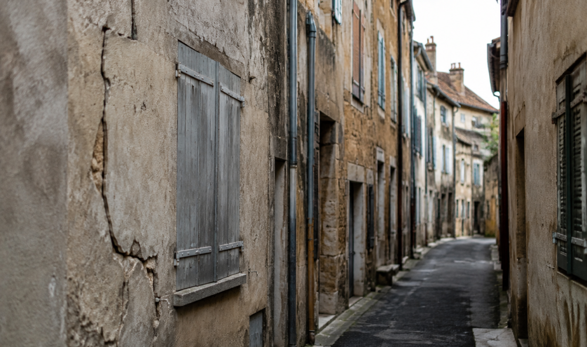 Immeubles vetustes rue etroite facades fissures volets fermes