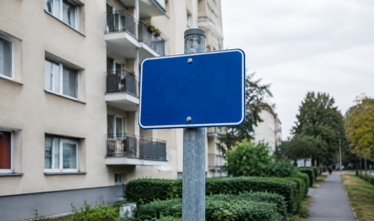 Pancarte bleue fixee sur poteau devant des immeubles residentiels