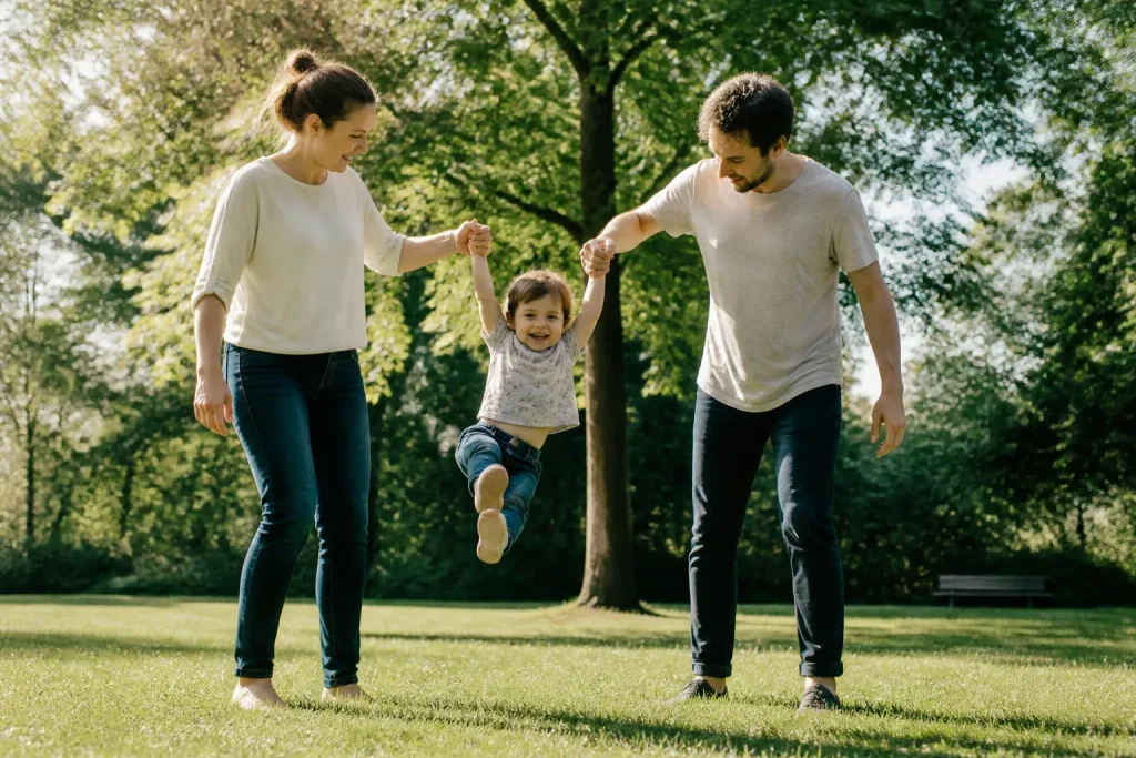 Parents et enfants jouant dans un parc verdoyant