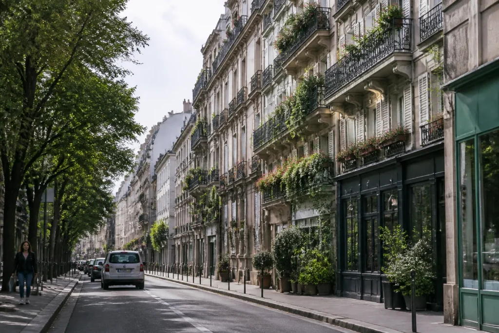 Rue animee aux immeubles serres et balcons fleuris