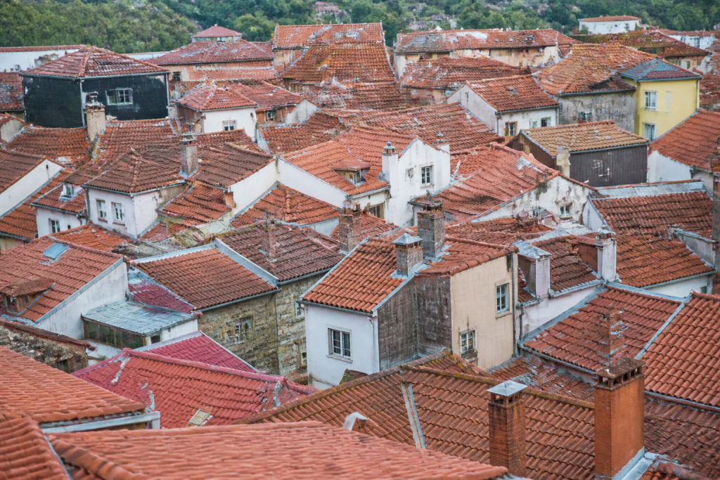 Vue aerienne de toits rouges serres dans un quartier
